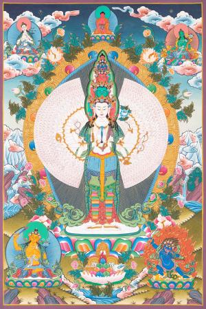 1000 Armed Lokeshvara Thangka with White Tara, Amitabha Buddha, Green Tara, Manjushri, and Vajrapani |Bodhisattva Arts